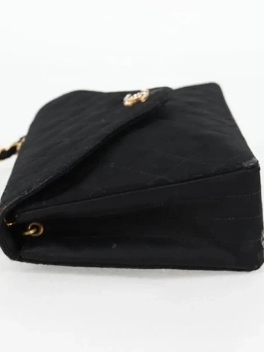CHANEL Matelasse Chain Shoulder Bag Satin Black Gold CC Auth bs8554